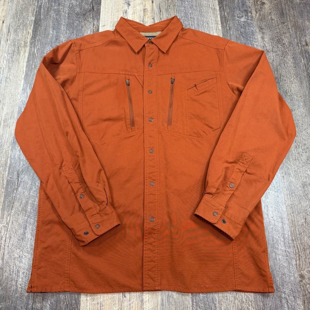 ExOfficio Button Down Shirt Mens Medium Orange Long Sleeve Canvas Snap Button